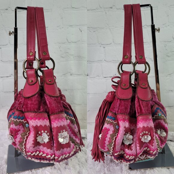 MATTHEW WILLIAMSON Pink Vibrant Round Drawstring Velvet Shoulder Bag - Picture 2 of 14